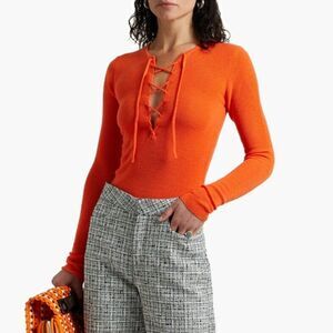 GANNI Wool Pullover Jumper Size XXS Thin Knit Lace Up Front Long Sleeves RRP€144